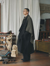 AVIVA JIFEI XUE 24 Autumn and Winter Black Wool Linen Satin Long Kimono Coat AJX-FW24-LKC-BWLS-HEI Black